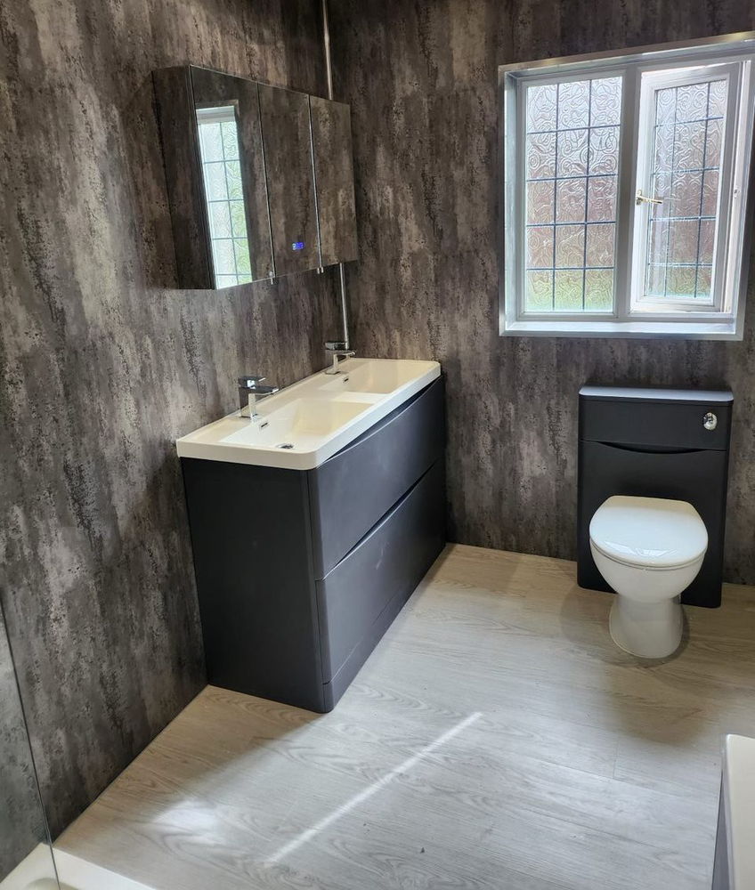 Dark grey bathroom with double vanity unit, mirrored cabinet and back-to-wall toilet